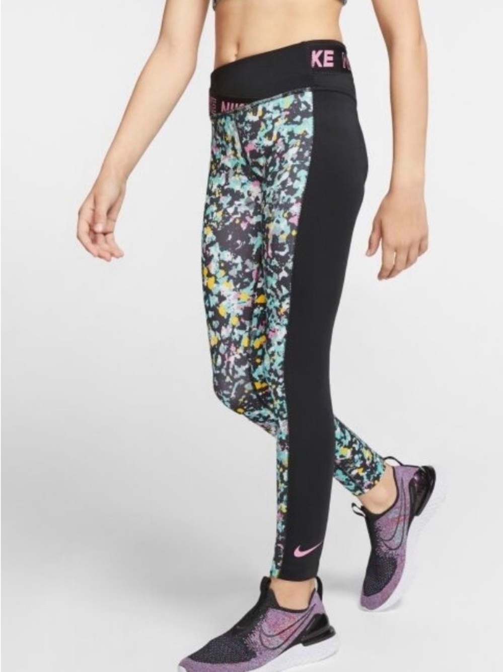 Nike Girl’s Dri-Fit ONE TIGHT JDIY G Splatter Black Panel Leggings Size Small
